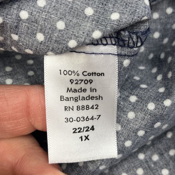 Woman Within Polka Dot V Neck Popover Navy Blue Blouse 3/4 Sleeve Size 1X 22 - Picture 10 of 14